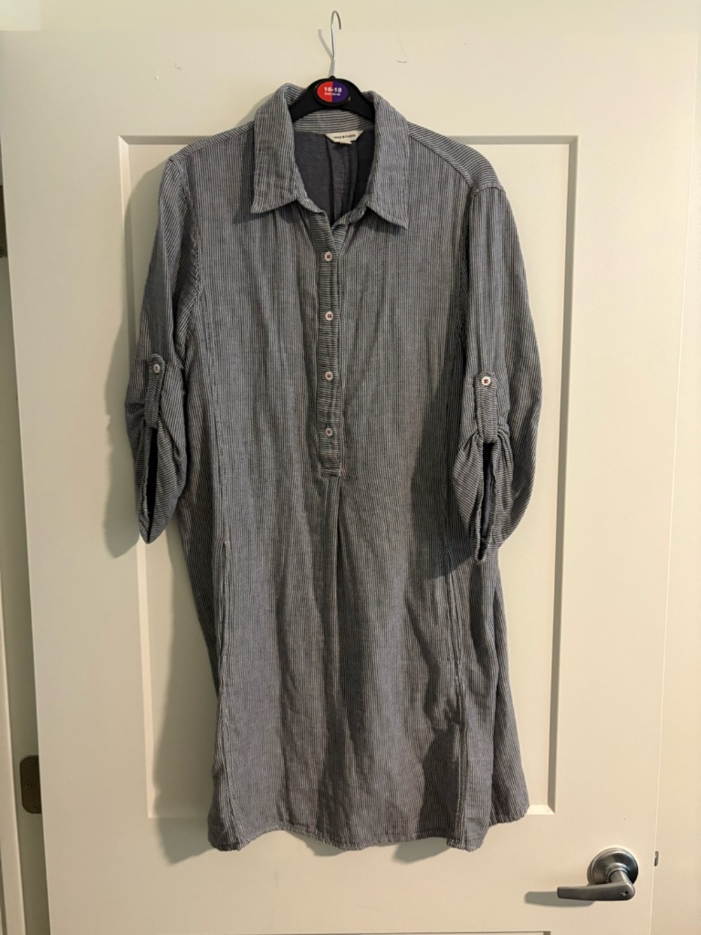 Max Studio Casual Button-Front Long Sleeve Shirt Dress - Gray Cotton Striped